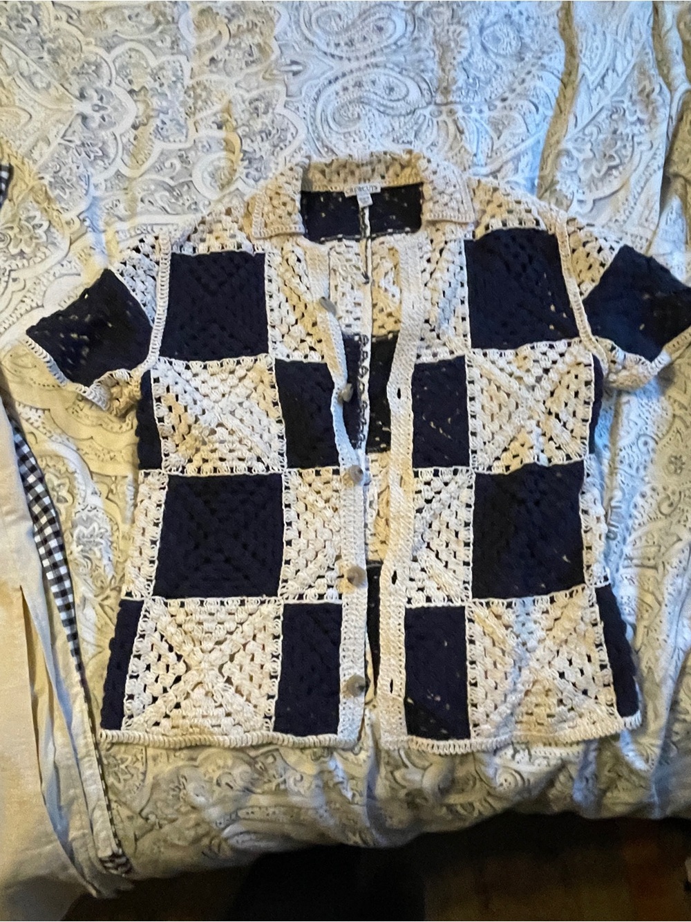 Crochet Patchwork Short-Sleeve Shirt - Navy & Cream